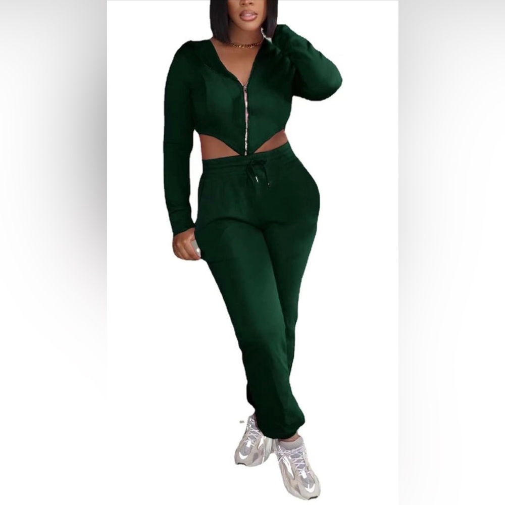 Womens Two Piece Outfits Tracksuit Green Size Small Sweatsuit Cropped Zip Up - Picture 1 of 8